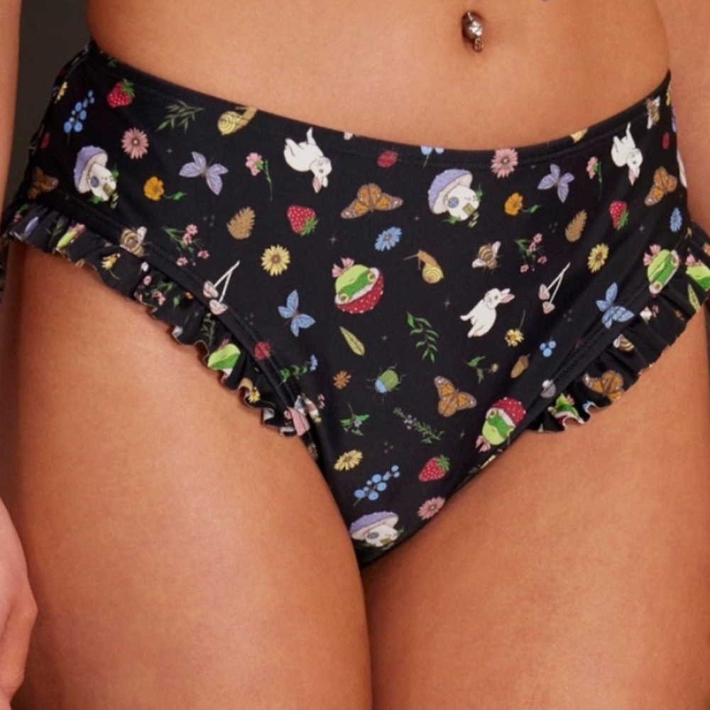 Mushroom Frog Bunny cottagecore ruffle black Swim Bottoms S New Tags Hot Topic